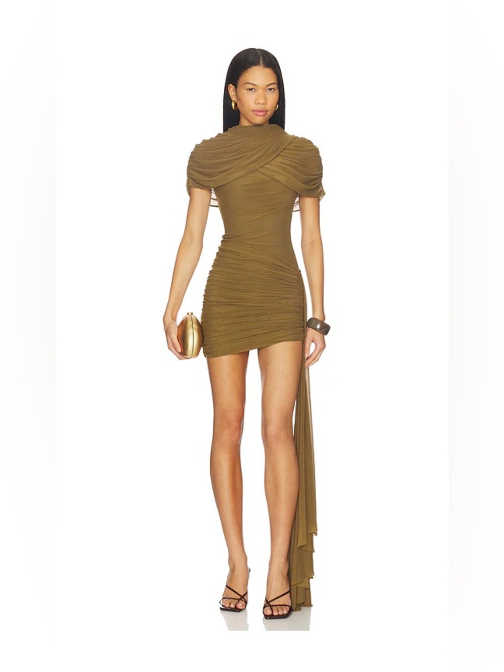 DEME BY GABRIELLA HAZEL DRAPED MINI DRESS IN SAND GREEN – REVOLVE